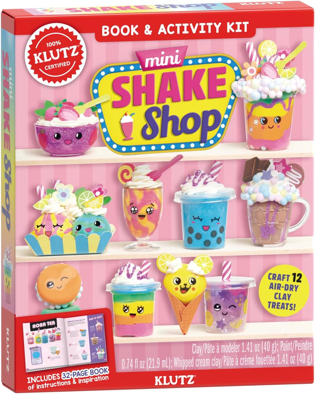 Mini Shake Shop book and activity kit with clay, stickers, and tools for crafting cute non-edible milkshake and boba tea treats.
