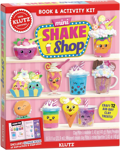 Mini Shake Shop book and activity kit with clay, stickers, and tools for crafting cute non-edible milkshake and boba tea treats.