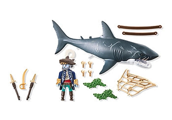 Pirates | Giant Shark with Pirate toy set showing pirate figure, giant shark, swords, and accessories on white background.