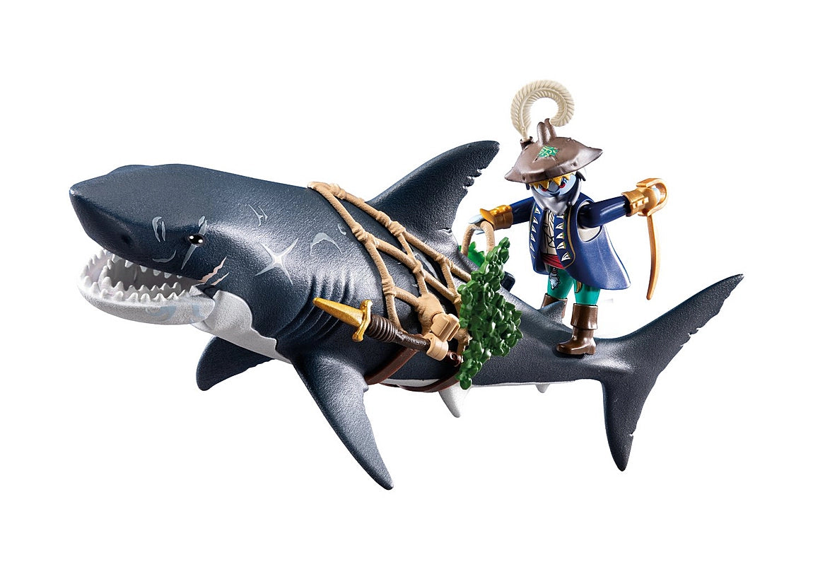 Pirates | Giant Shark with Pirate toy features a pirate riding a giant shark with an opening mouth trap.