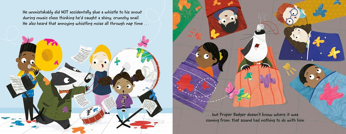 Proper Badger Would Never Trash the Classroom! showing a badger and kids in classroom with musical instruments and butterflies.