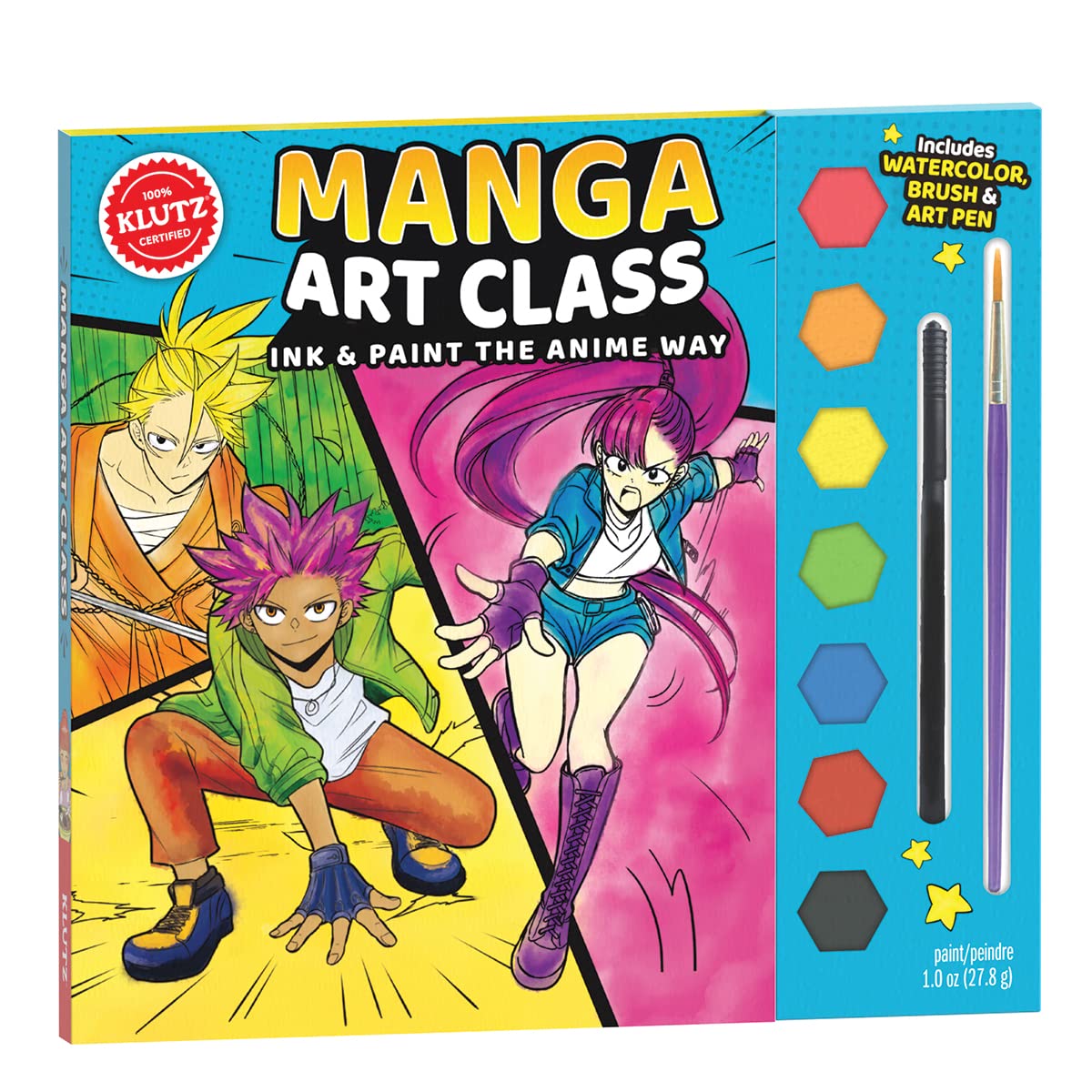Manga Art Class watercolor kit with watercolor paint, brush, art pen, and manga character illustrations on packaging.