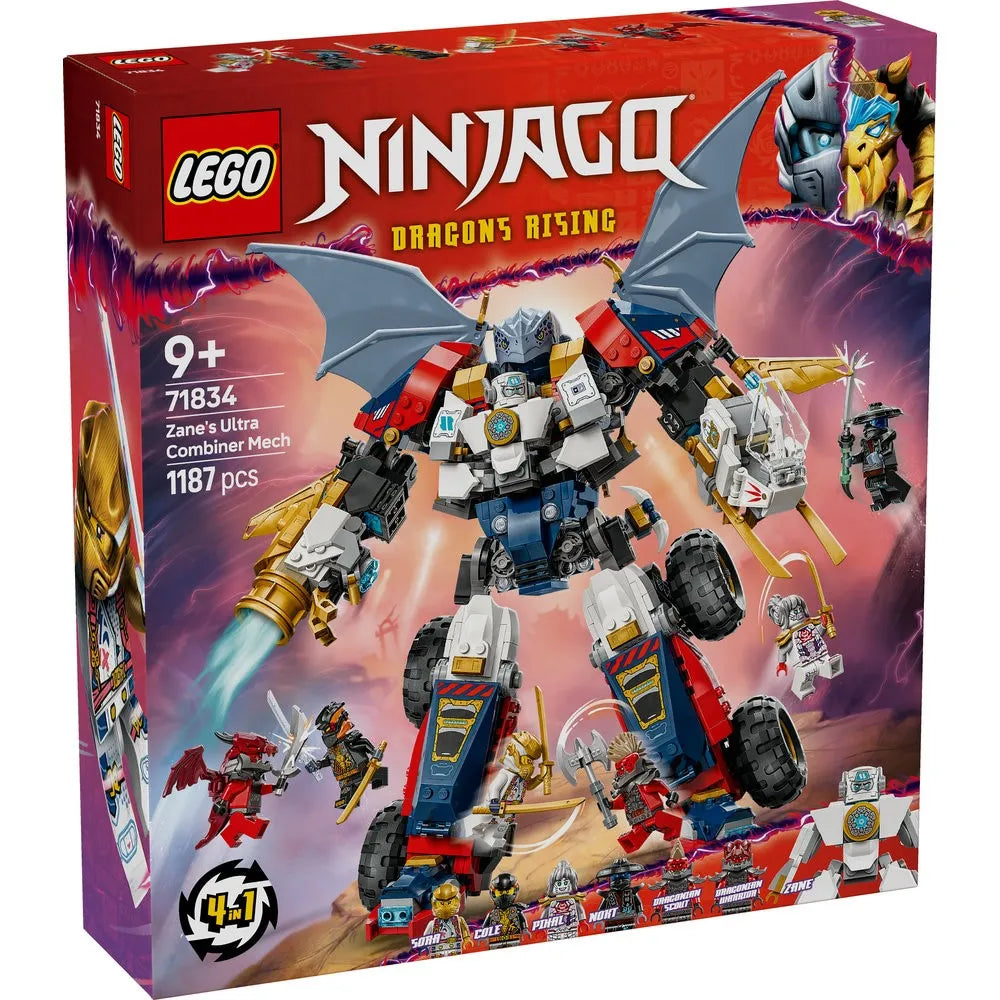 Box of LEGO Ninjago Zane’s Ultra Combiner Mech set featuring a large robot and six minifigures for ages 9 and up