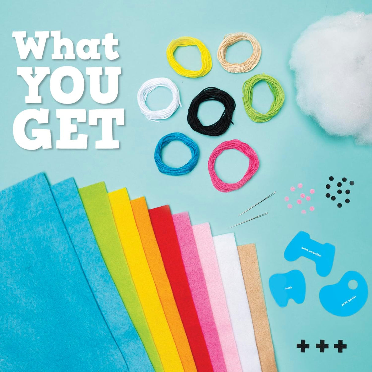 Sew Mini Cute Things kit with colorful felt, embroidery floss, needles, stuffing, and sewing patterns for plushies.