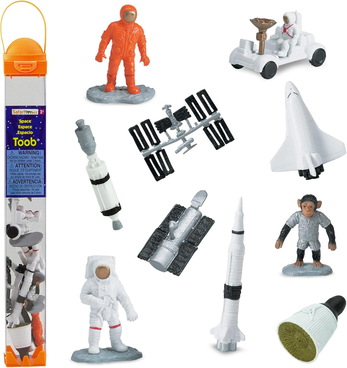 TOOB | Space set with astronauts, rockets, lunar rover, space shuttle, and satellite figurines in a clear storage tube.