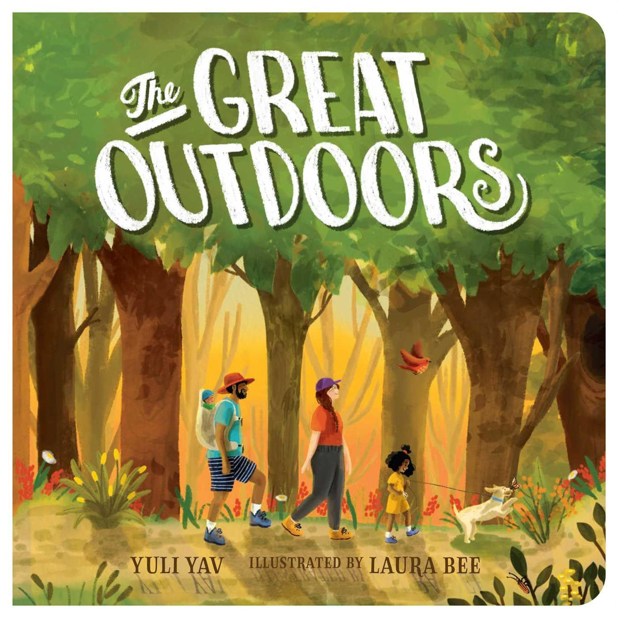 The Great Outdoors board book cover showing a family hiking through a vibrant forest with birds and a dog.