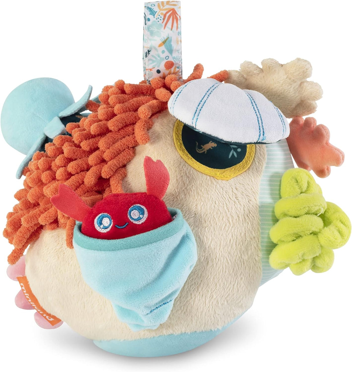 Sensorial Reef baby toy with squeezable coral, crab rattle, and textured seabed elements for sensory play.