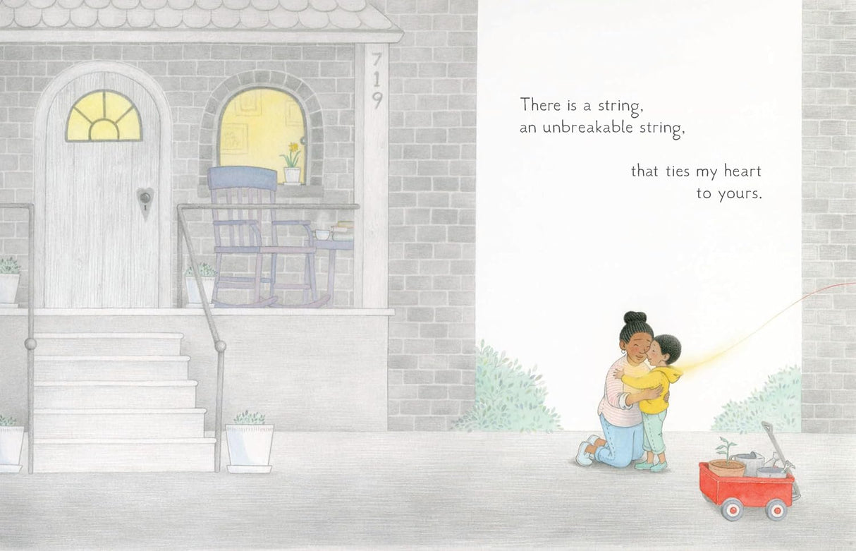 Illustration of a parent hugging child outside a home with text about an unbreakable heart string tying them together