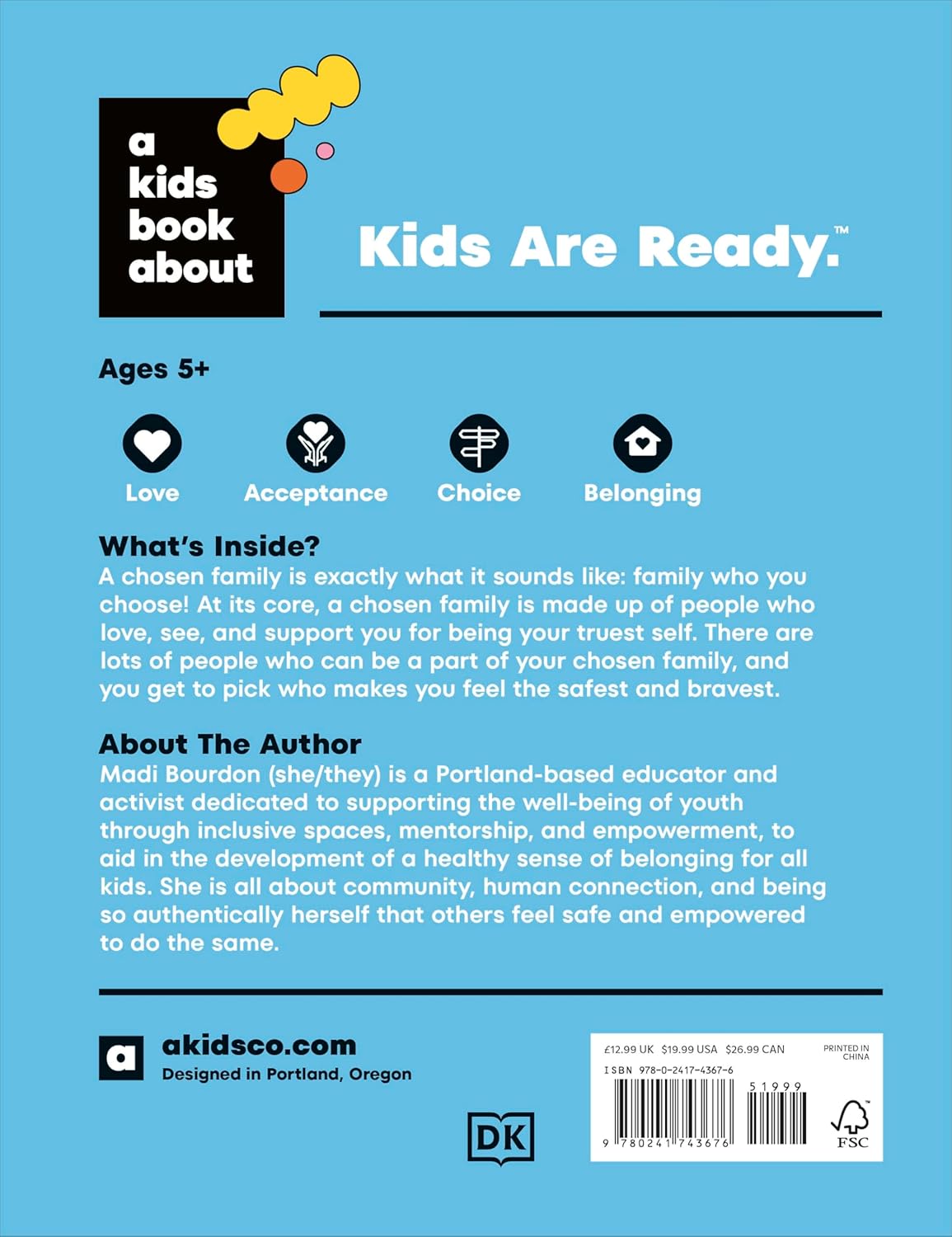 A Kids Book About Chosen Family book back cover text explaining chosen family for kids ages 5 and up.