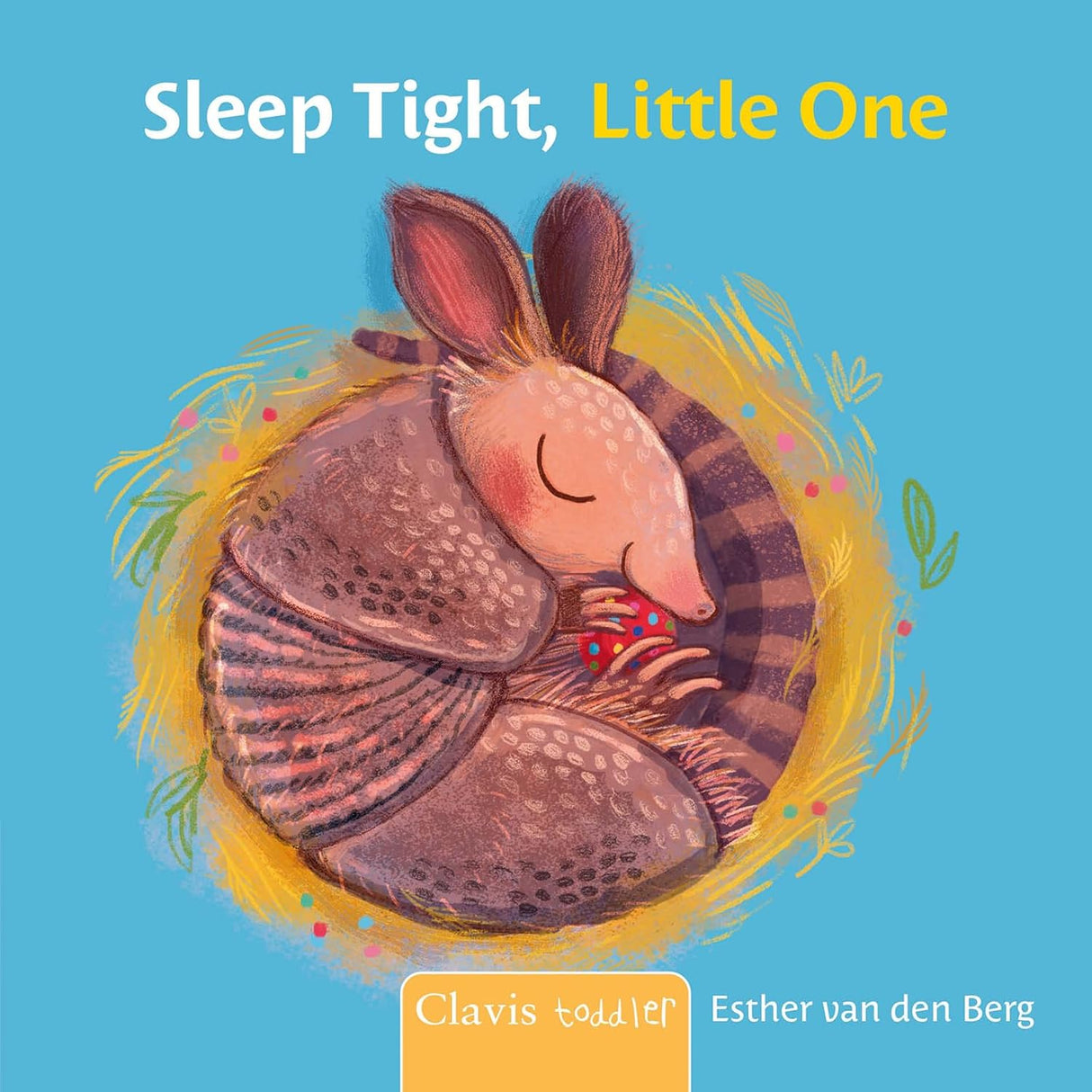 Illustration of a cozy sleeping armadillo curled up in a soft nest with a peaceful expression on a blue background