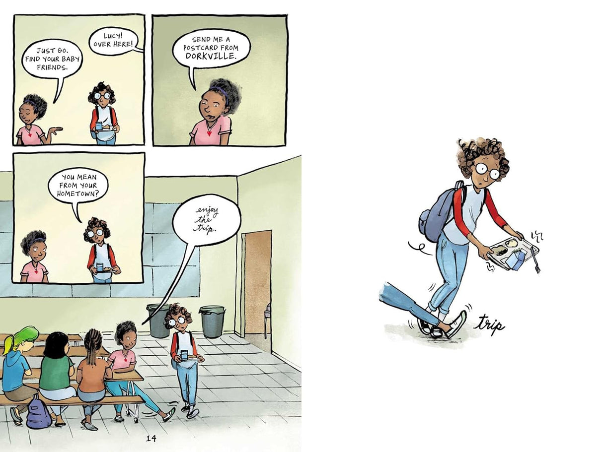 Illustration from Duel showing a school hallway scene with students talking and one girl tripping while holding a book.