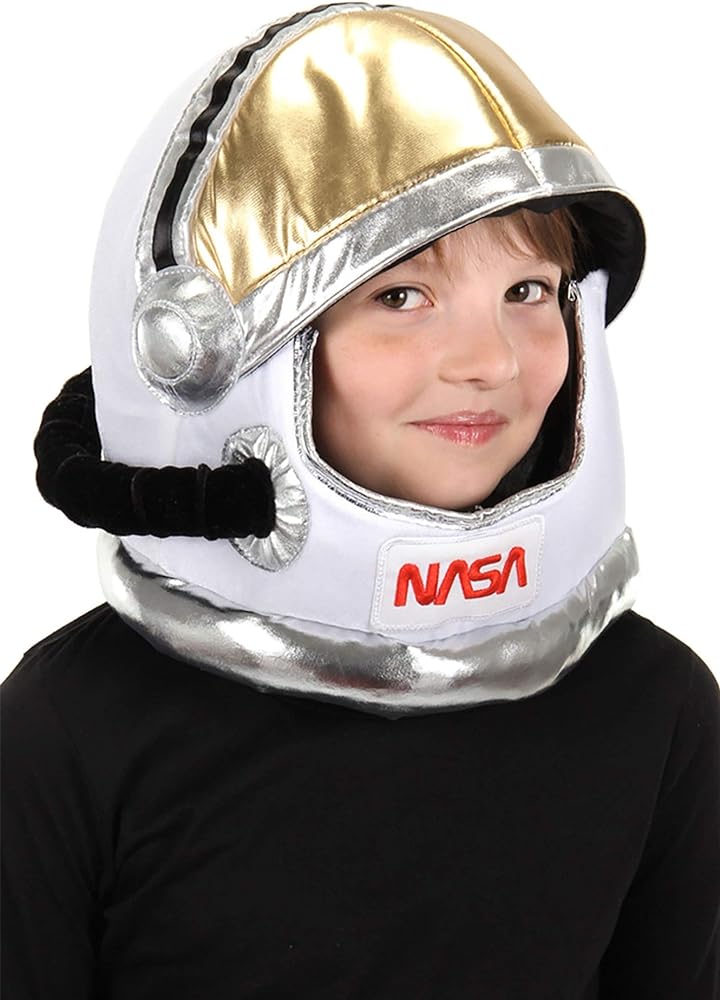 Child wearing the Space Plush Helmet with embroidered NASA patch and gold, silver decorative visor.