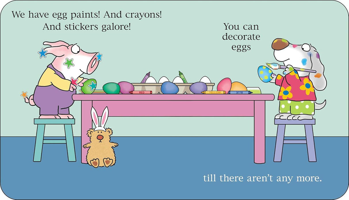 Happy Easter, Little Pookie shows Pookie and friend decorating colorful Easter eggs with paints and crayons at a table.