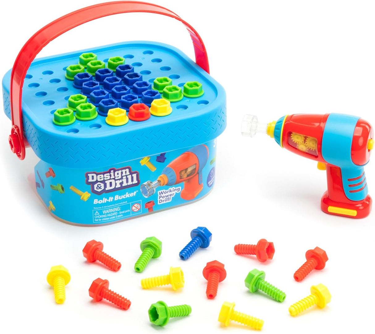 Colorful Design & Drill Bolt-It Bucket with kid-sized drill, 52 bolts, and activity board for creative building play.