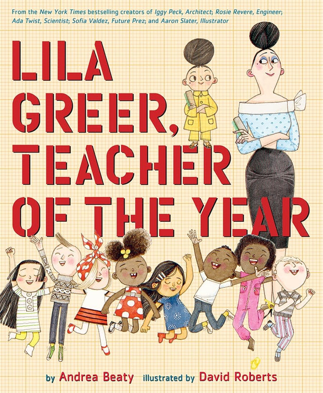 Lila Greer, Teacher of the Year book cover with joyful diverse children and a smiling teacher illustration.