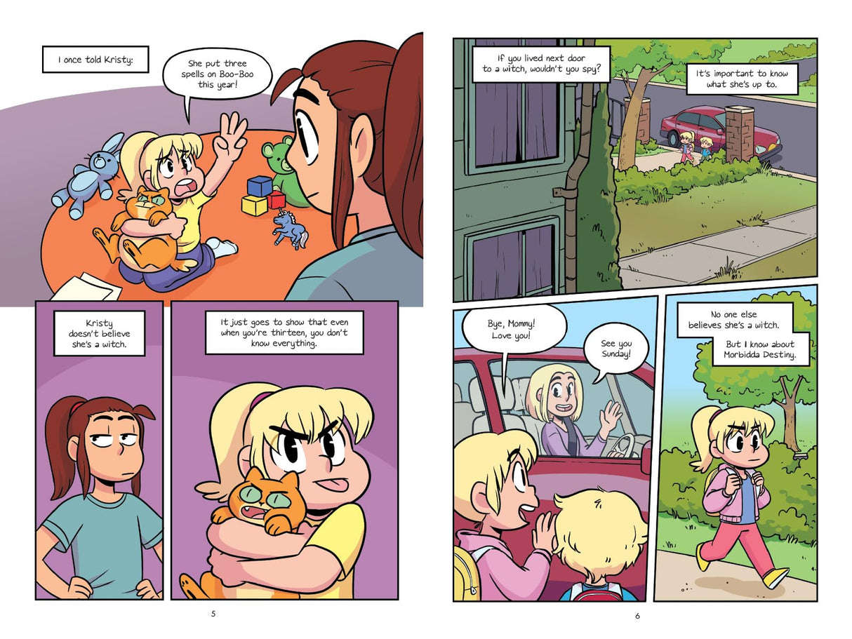 The Song That Called Them Home book pages showing children discussing witches and spells in a colorful comic style.