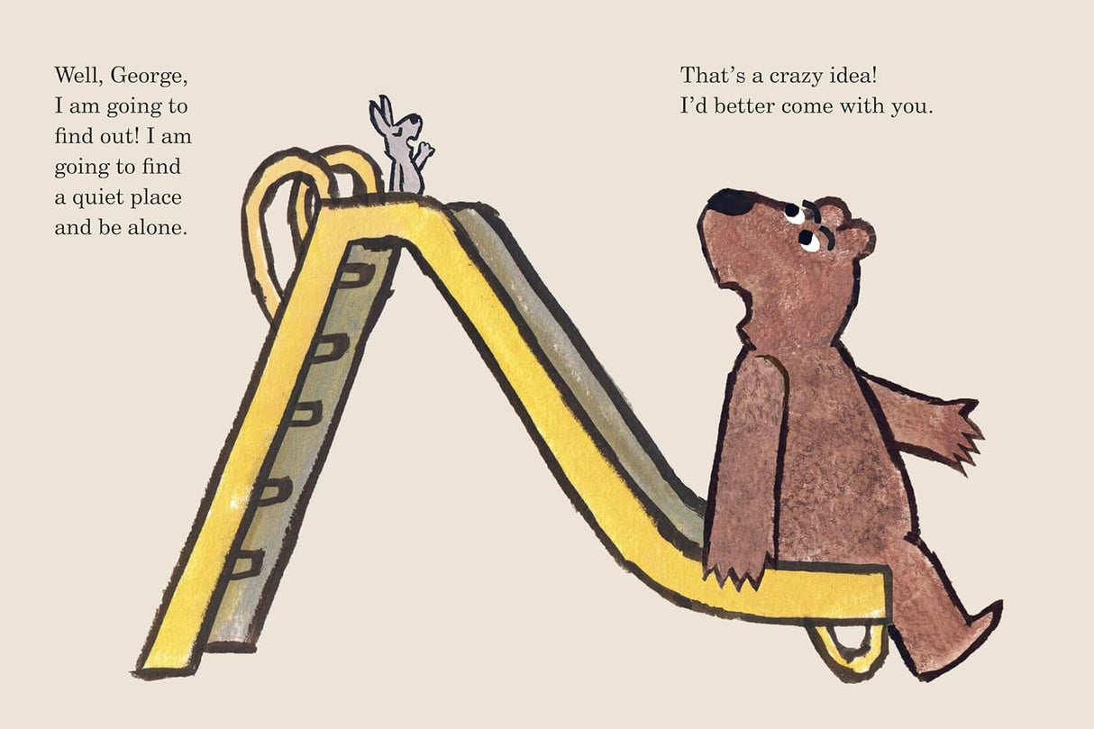 Illustration from George and Lenny Are Always Together showing a rabbit and bear discussing alone time on a playground slide.