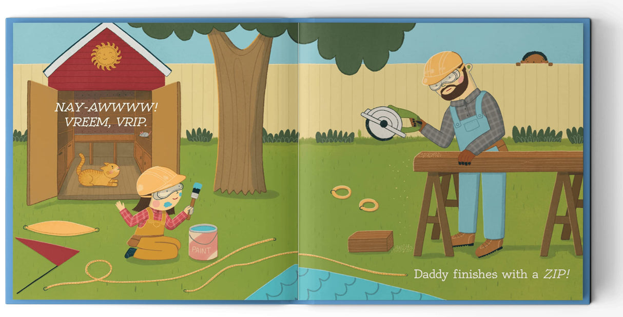 Bing Bang Pling shows a family building a swing set with tools in a sunny backyard scene.