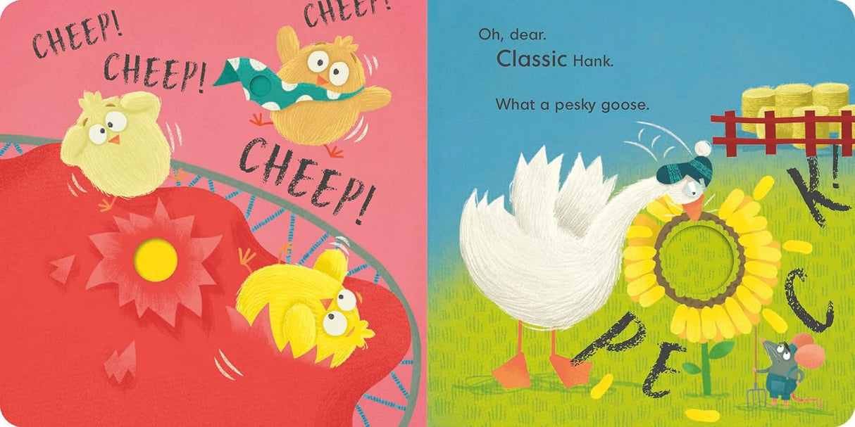 Open colorful pages from the board book Hank Goes Peck showing playful chicks and Hank the goose pecking a sunflower.