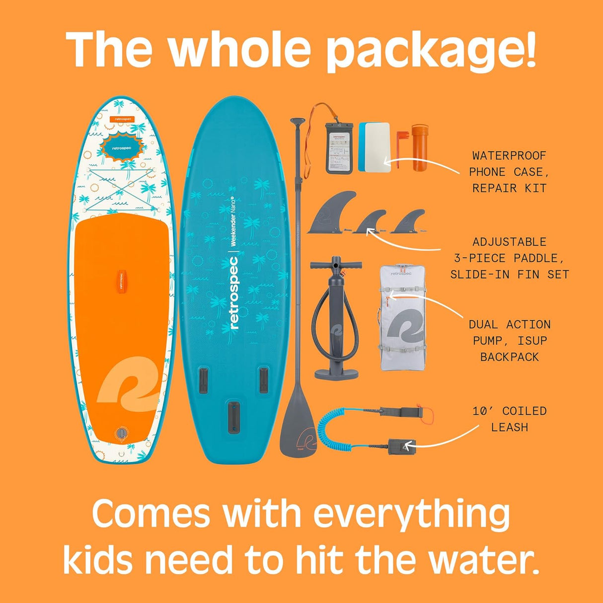 Weekender Nano Kids' Inflatable Paddle Board Surfer Blue with paddle, pump, fins, leash, and repair kit accessory set.