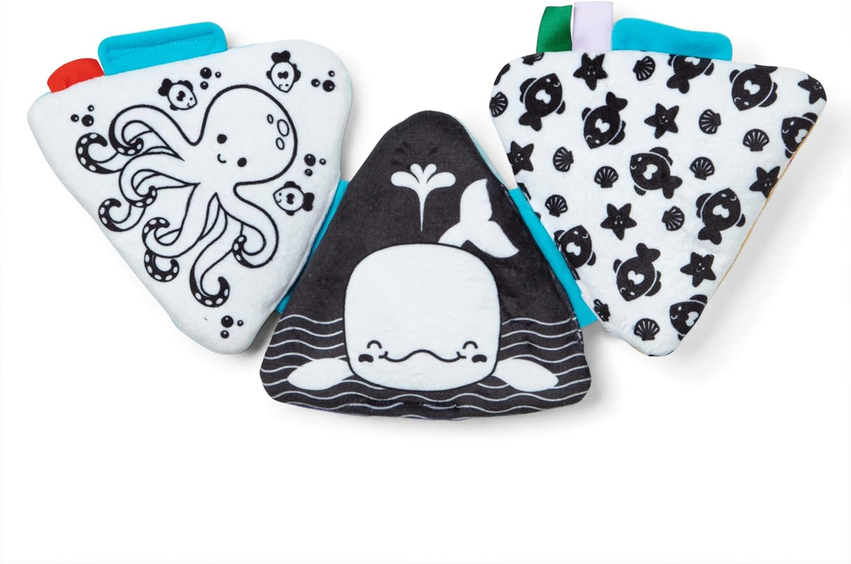 Ocean Tummy Time Triangle with black and white ocean animal graphics for baby’s visual stimulation and play.