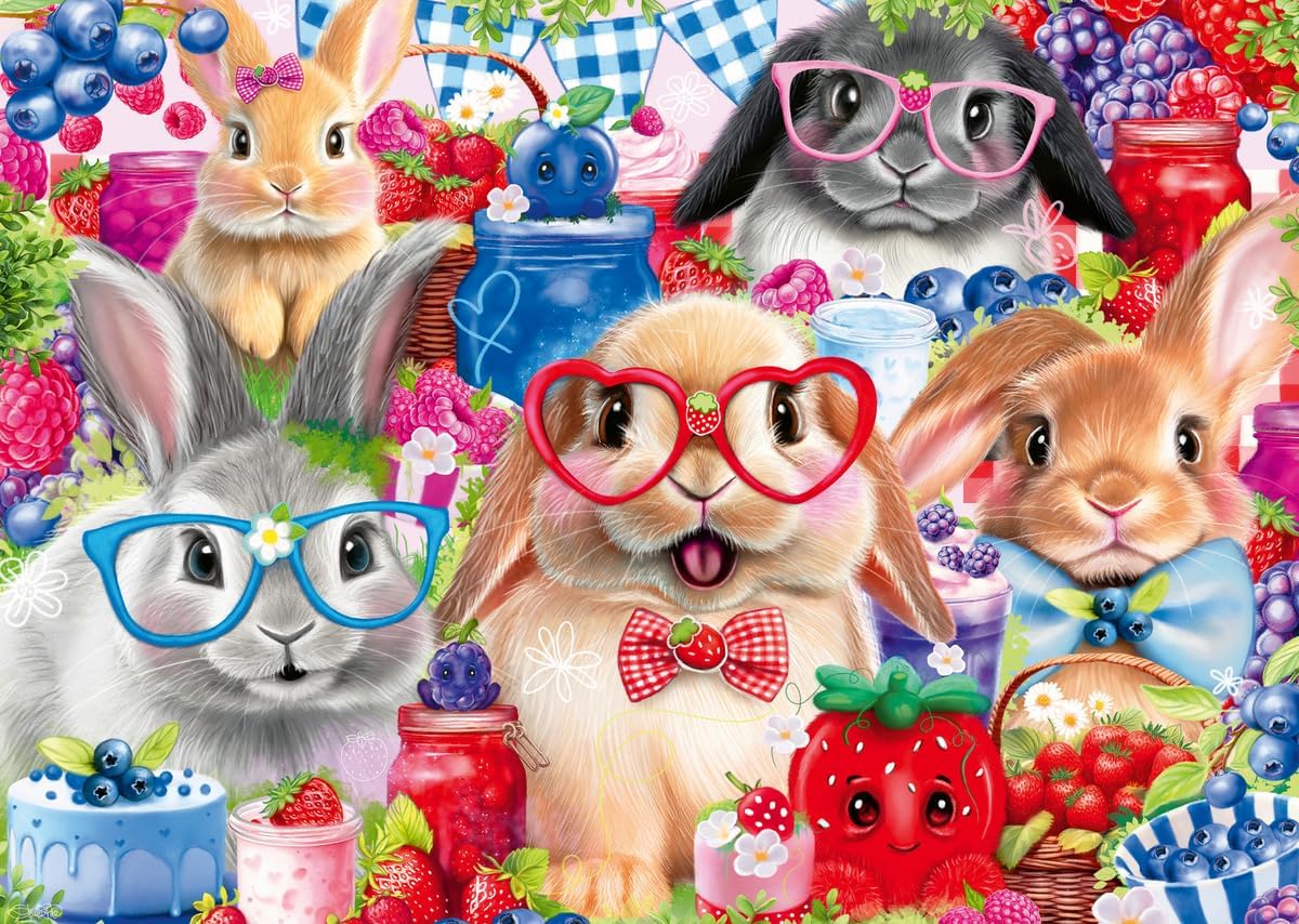 35pc Bunnies & Berries Puzzle featuring colorful bunnies with glasses surrounded by berries and sweet treats.