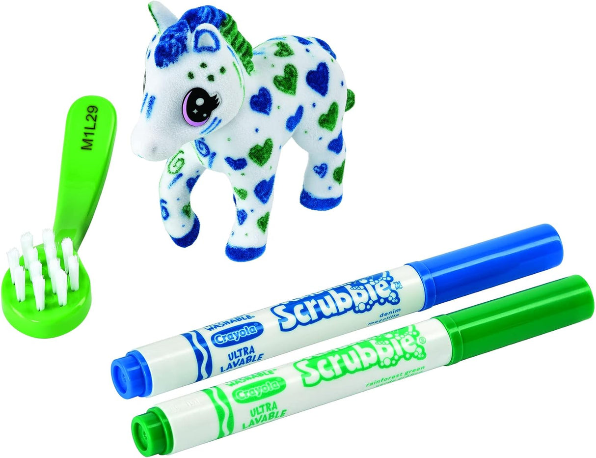Scribble Scrubbie Pet with blue and green hearts, including two washable markers and a green brush for cleaning.