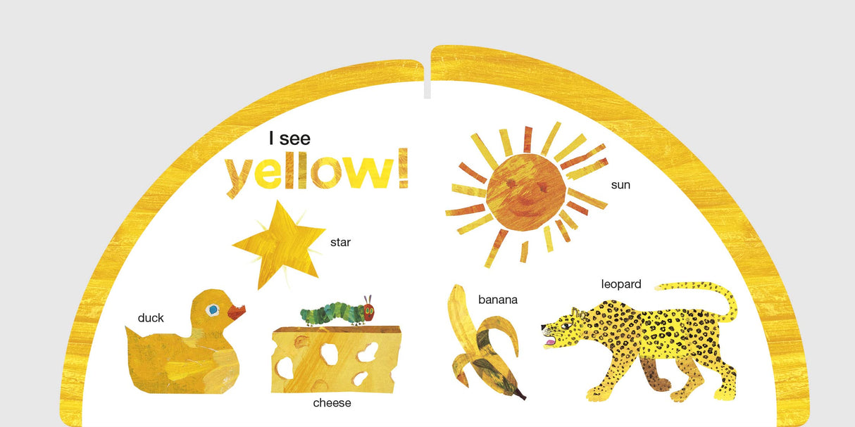 Very Hungry Caterpillar's Rainbow Colors board book showing yellow objects like star, sun, duck, cheese, banana, leopard.