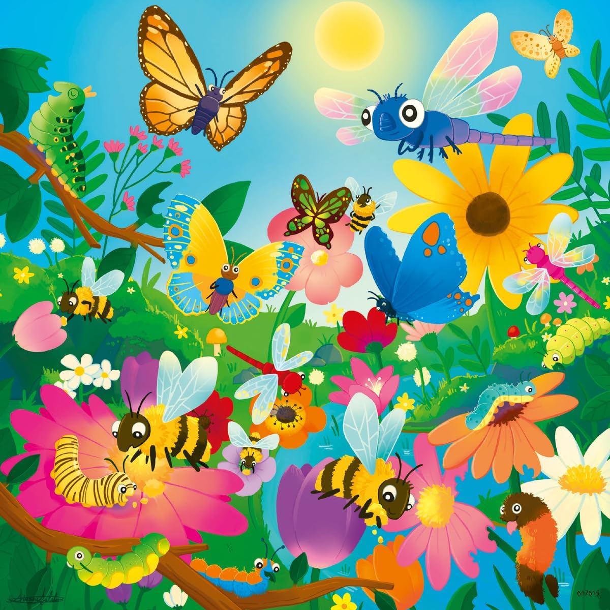 Colorful outdoor scene with bees, butterflies, dragonflies, and caterpillars in 49pc Bugs, Bugs, Bugs Puzzles.