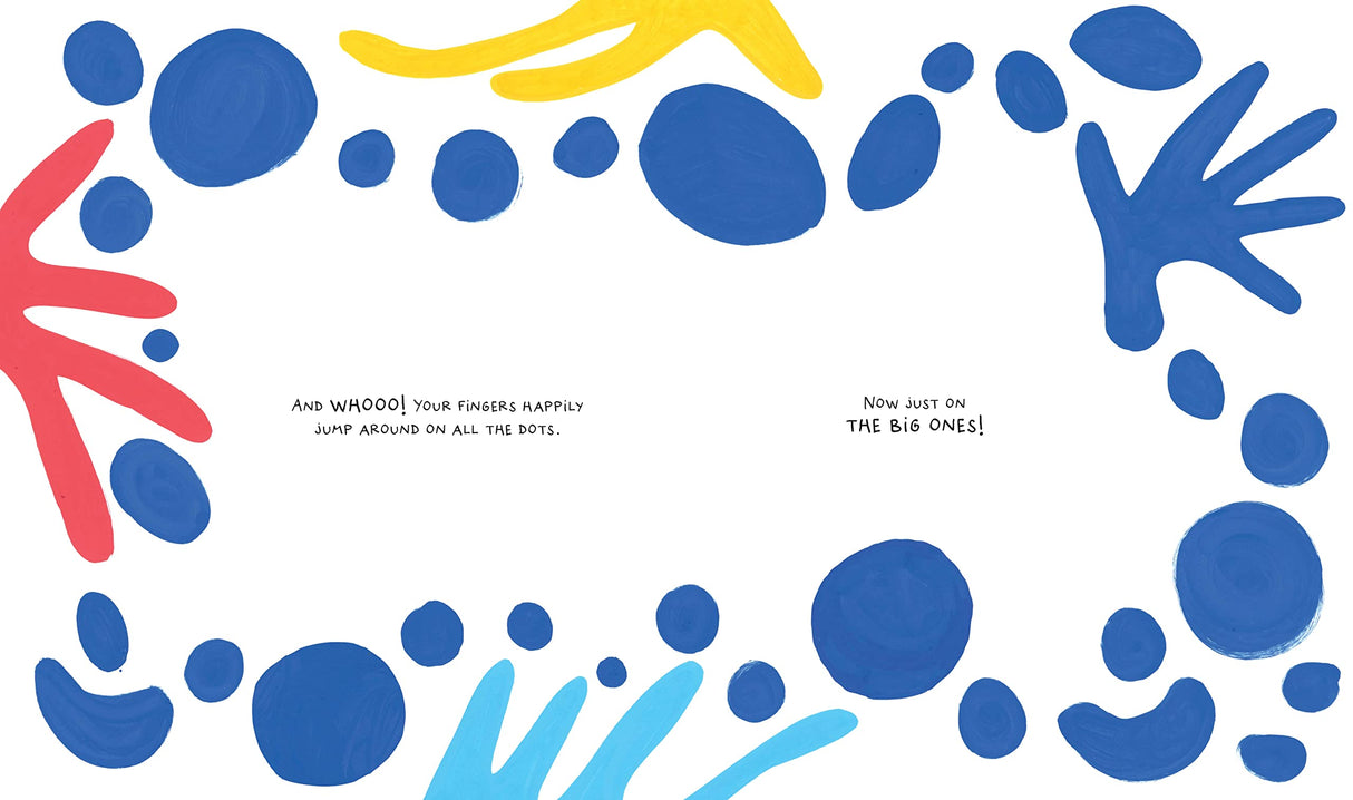 Tap! Tap! Tap! book page with colorful hand illustrations and blue dots inviting finger movement and play.