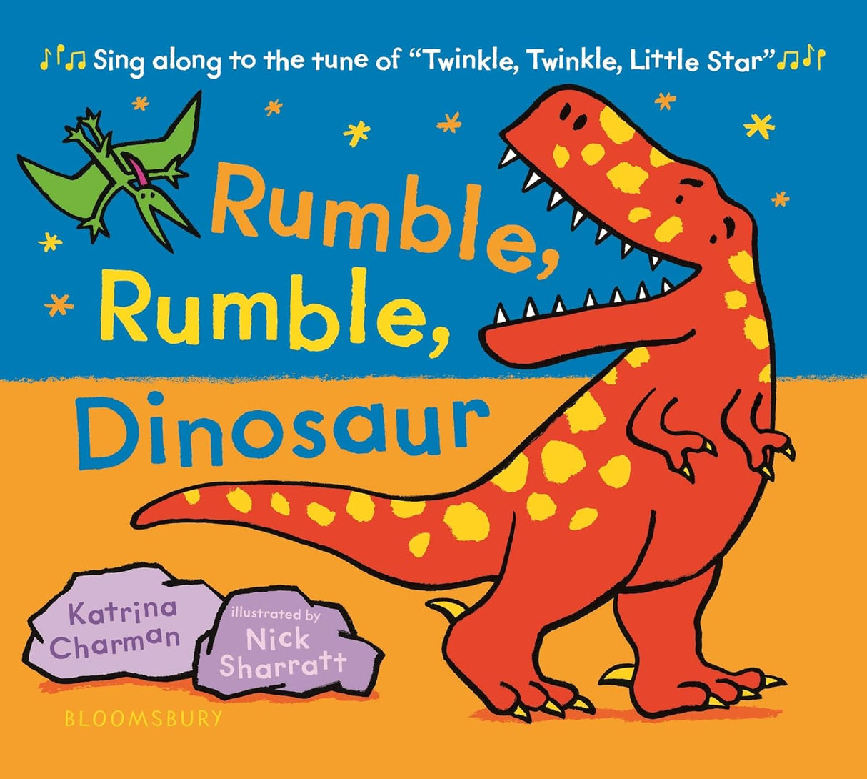 Rumble Rumble Dinosaur book cover with a red T. Rex and flying pterodactyl on a colorful background.
