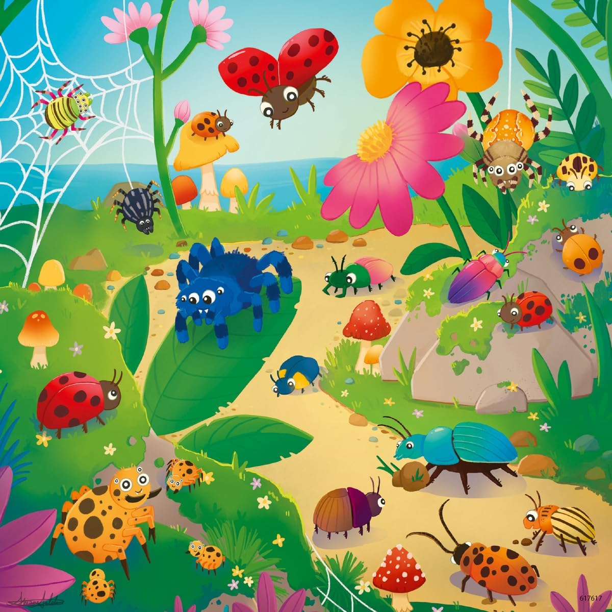 49pc Bugs, Bugs, Bugs Puzzles showing colorful cartoon insects and flowers in a vibrant outdoor scene for kids.