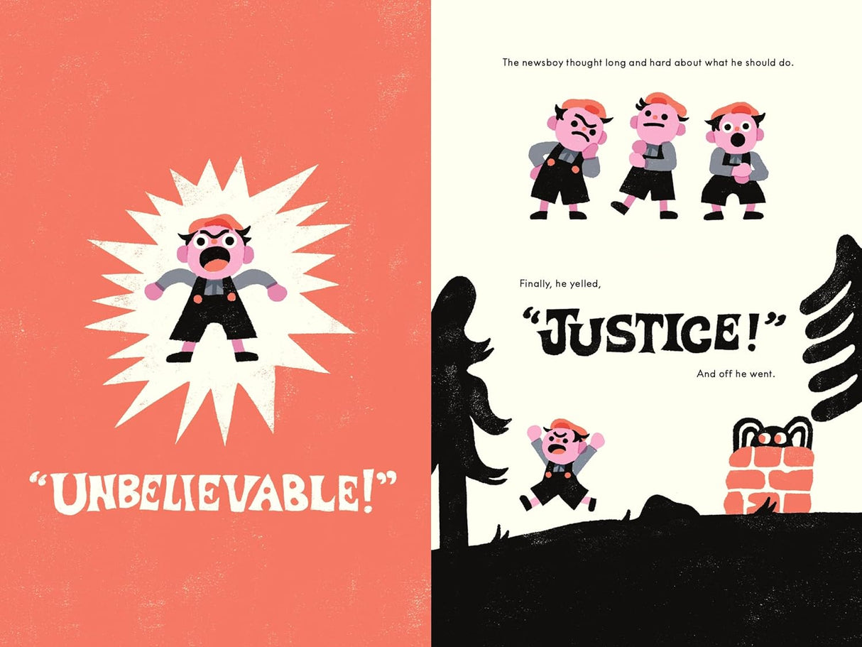 Spider in the Well book illustration showing the newsboy yelling "Justice" with stylized characters on orange and white backgrounds.