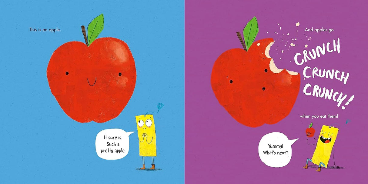 Pages from The Wrong Book showing a smiling apple and a bite taken, with colorful, playful illustrations for kids.