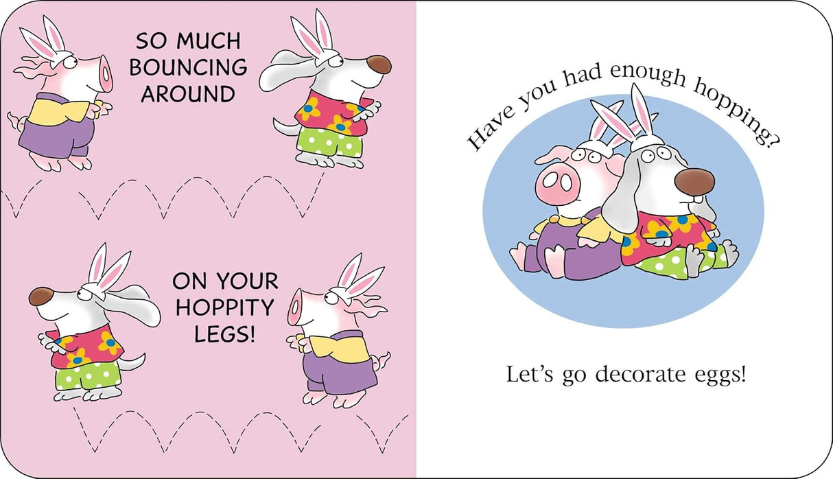 Happy Easter, Little Pookie showing bunnies hopping and preparing to decorate Easter eggs together.