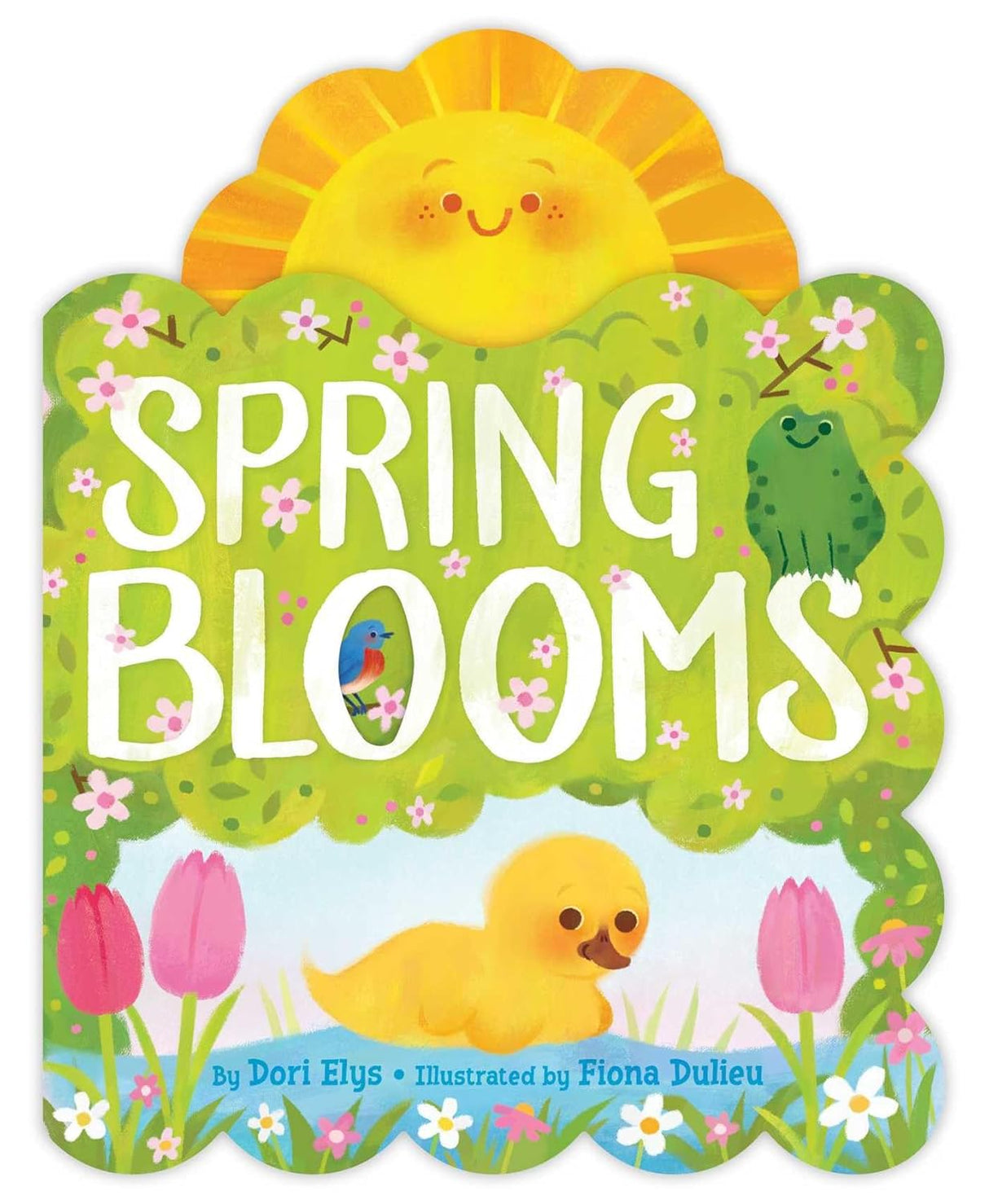 Spring Blooms board book cover with smiling sun, duckling, frogs, flowers, and bright spring colors for toddlers.