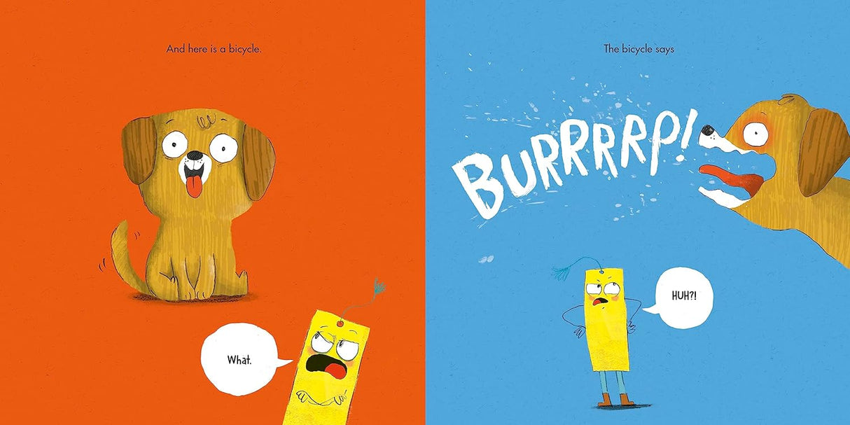 Illustration from The Wrong Book showing a dog and a crayon character with speech bubbles on bright orange and blue backgrounds.