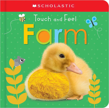 Touch and Feel Farm board book cover with a yellow duckling and tactile yellow fabric patch for toddlers.