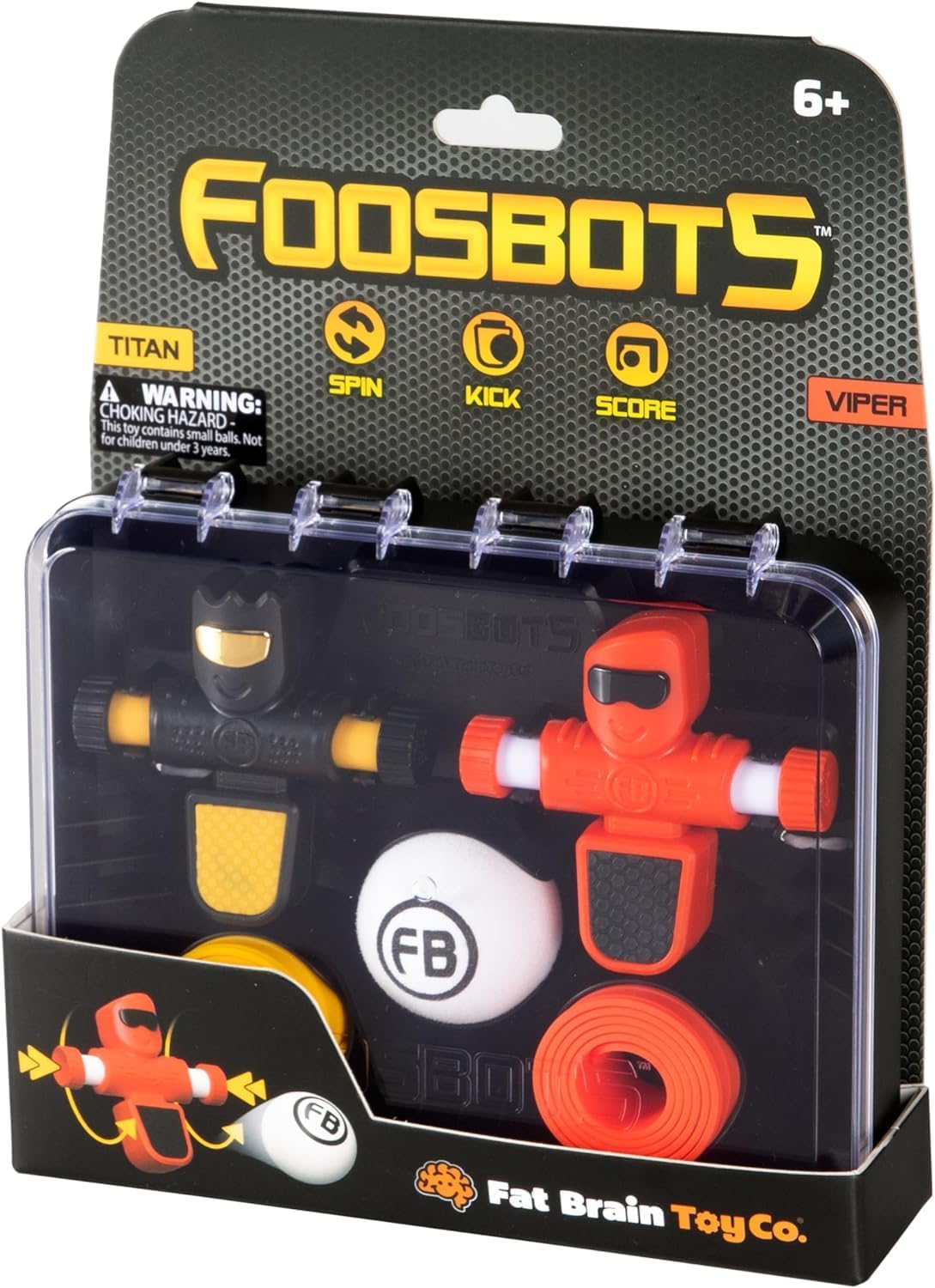 Foosbots 2 Pack with two spinning kicker figures, silicone goal lines, ball, and storage case for fast-paced gameplay.