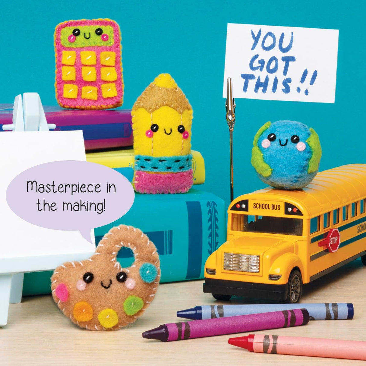 Sew Mini Cute Things with felt plushies including calculator, pencil, palette, globe, and school bus display.