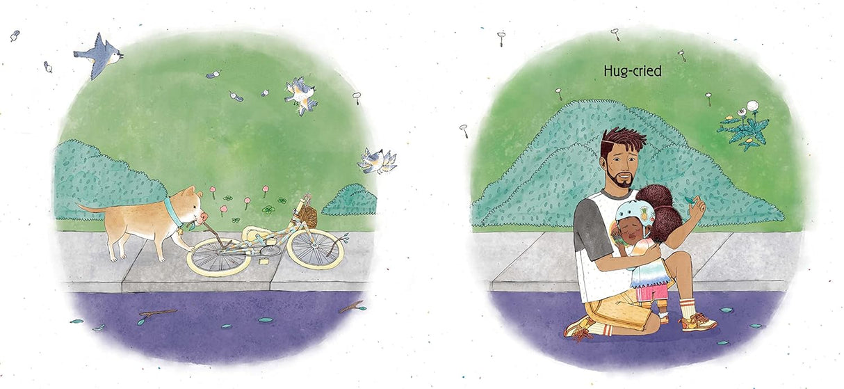 Together We Ride shows a girl’s bike falling with her dog nearby and a comforting hug from her dad.