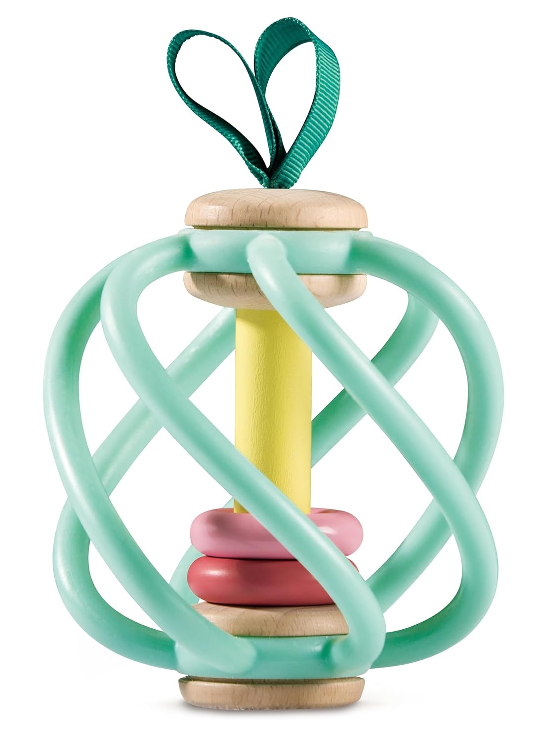 Teal and yellow apple grab toy with smooth wood and soft silicone bars designed for babies to chew and hold easily