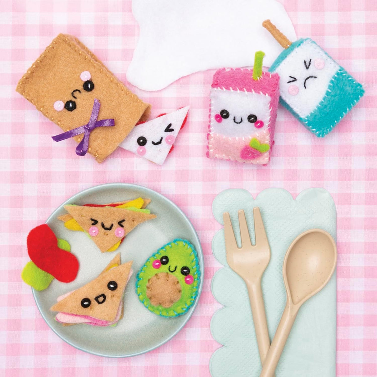 Sew Mini Cute Things plushies featuring food and drink felt crafts with smiling faces on pink checkered background.