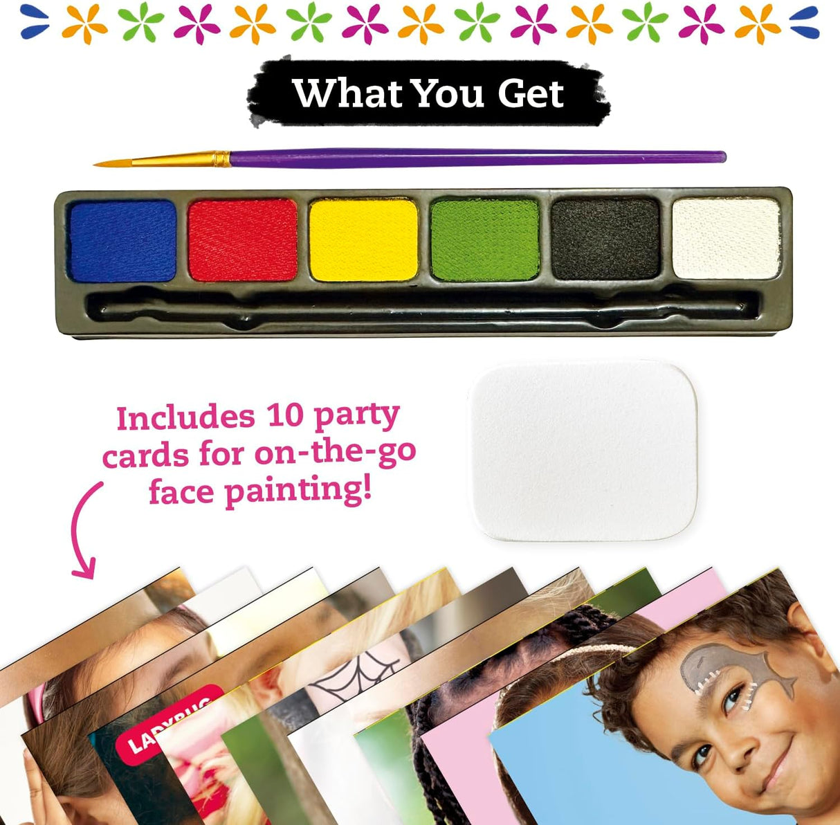 Face Painting kit with paint palette, brush, sponge, and 10 party cards for easy on-the-go face painting fun.