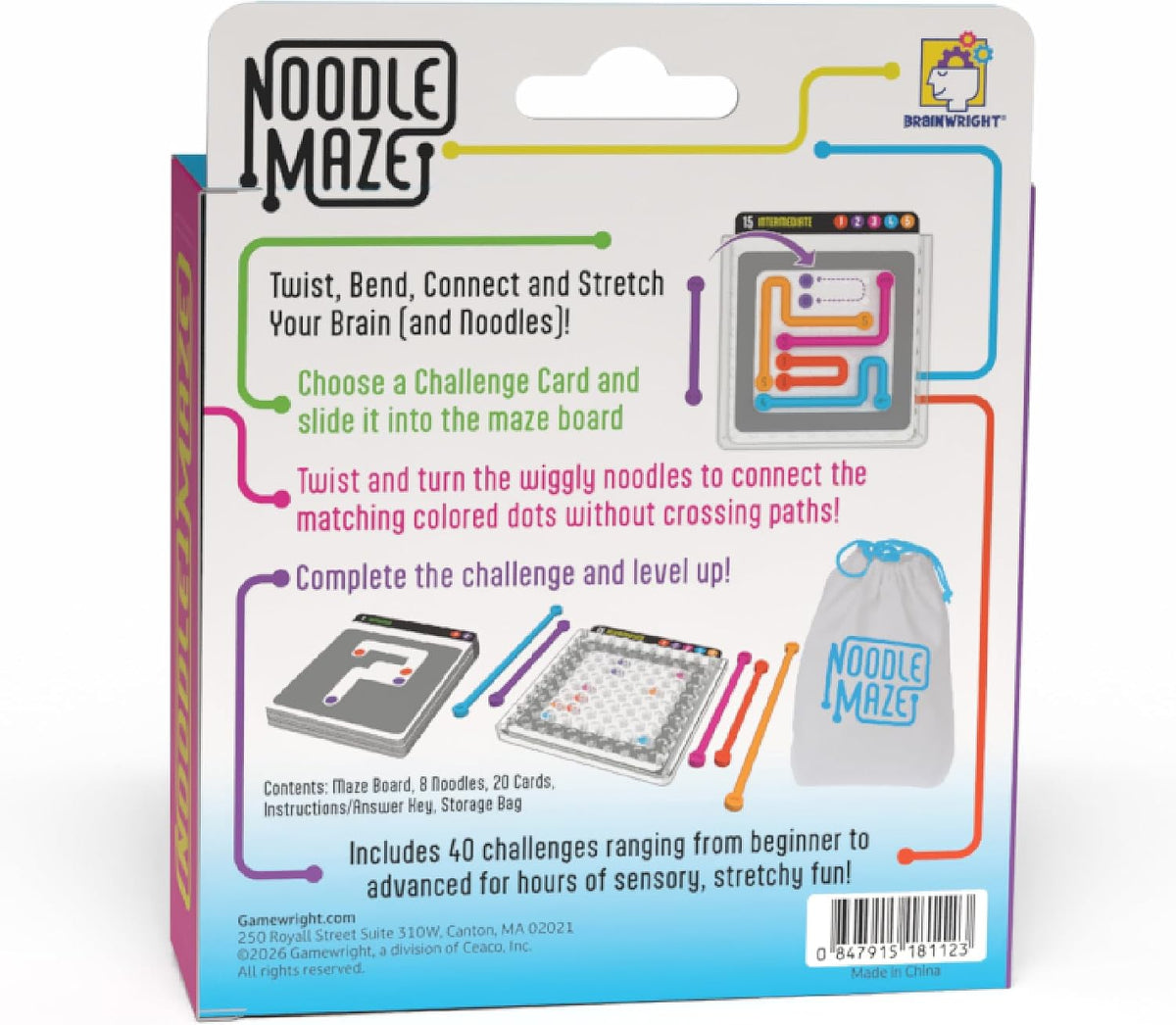 Noodle Maze game packaging with colorful noodle paths and challenge cards for hands on brain building play