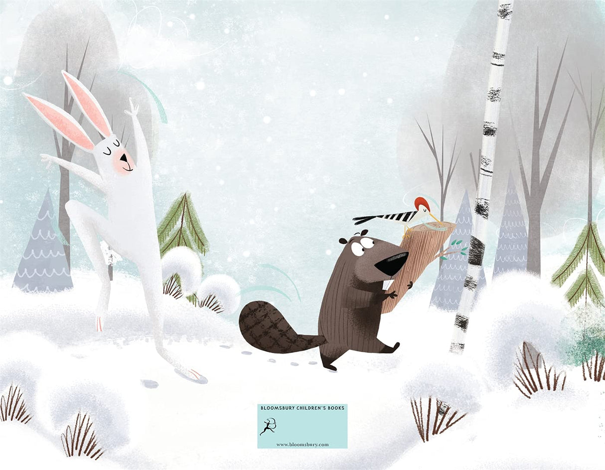 First Notes of Spring features joyful woodland animals in a snowy forest, capturing the magic of seasonal change.
