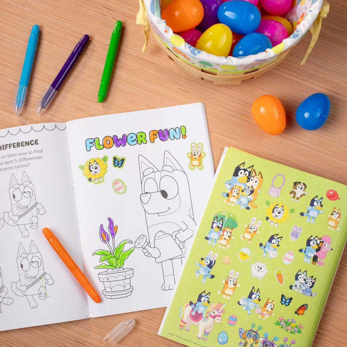 Colortivity: Happy Easter Bluey! coloring pad with crayons, stickers, and Easter eggs for festive fun and activities.