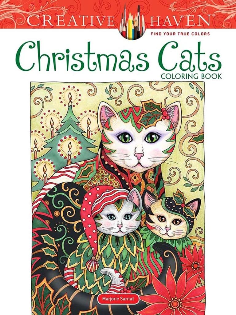 Creative Haven Christmas Cats Coloring Book cover showing detailed festive cats with holiday patterns and Christmas tree background.