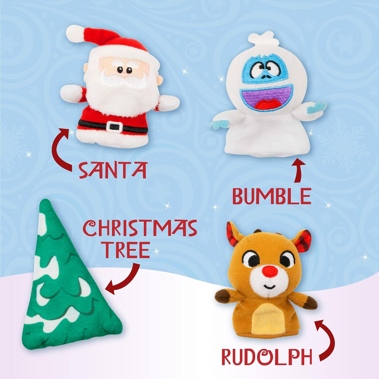 Rudolph | Plush Playset featuring soft finger puppets of Rudolph, Santa, Bumble, and a Christmas tree on a blue background.
