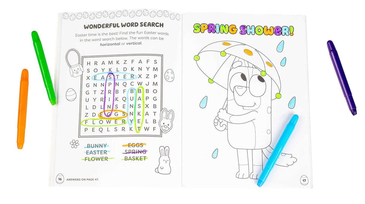 Colortivity: Happy Easter Bluey! activity pad open to Easter word search and Bluey coloring page with crayons around.